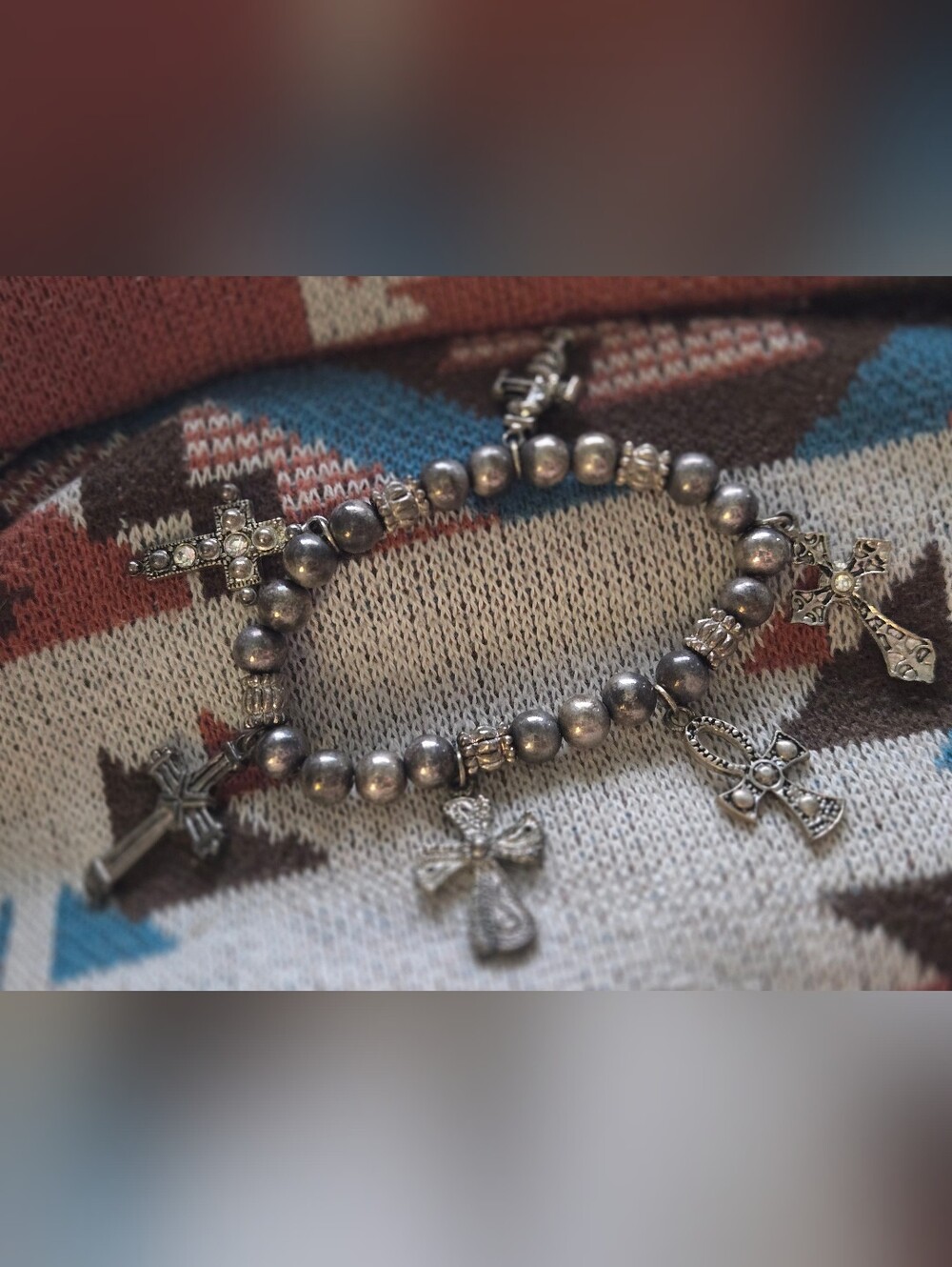 Sterling-Tone Cross Charm Stretch Beaded Bracelet - Silver